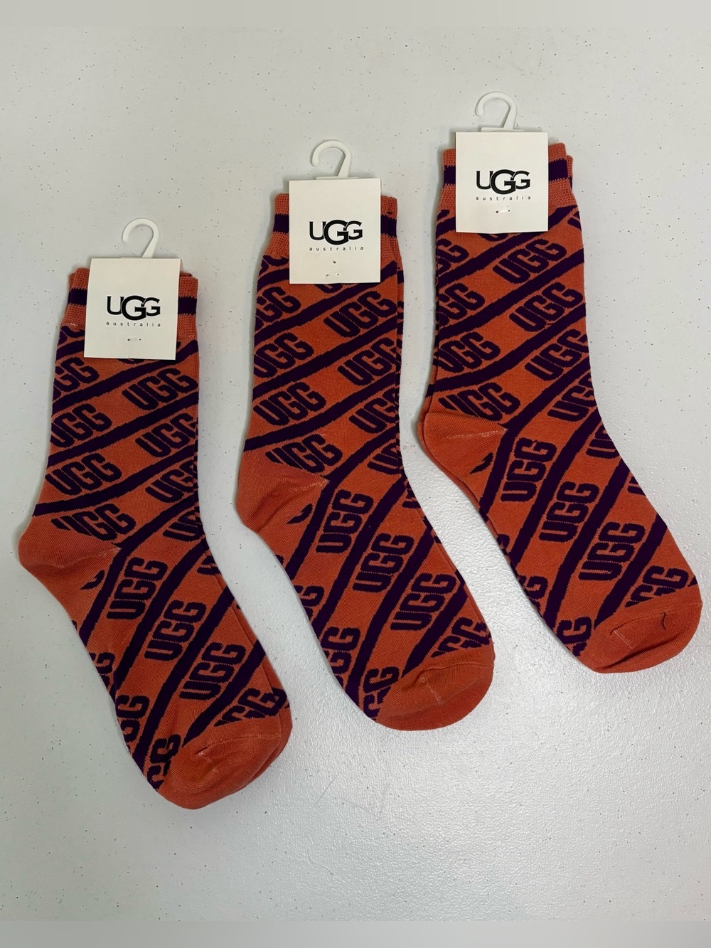 NWT UGG Australia Monogram Logo Crew Socks 3-Pack Orange Burgundy